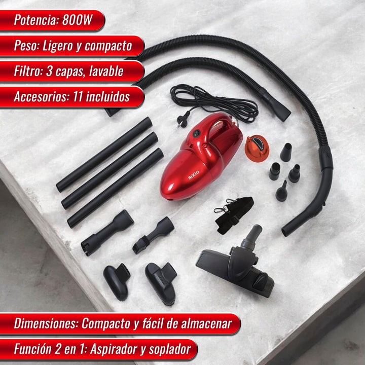 SOGO Handstaubsauger - 4 Lagen Filter, 4 Meter-Kabel, Superleicht, Rot, 11 Zubehör, Blasfunktion, Tu