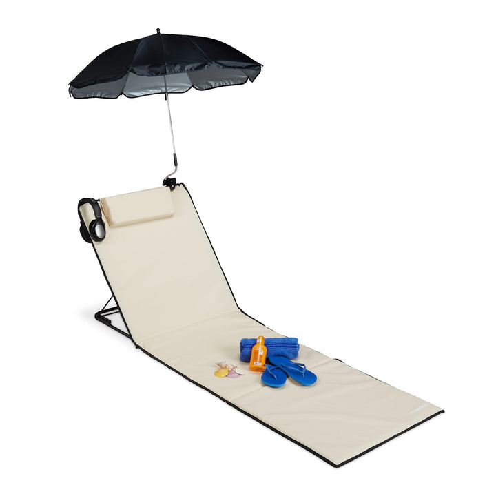Relaxdays Strandmatte, gepolsterte Strandliege XXL mit Sonnenschirm, 3-stufig verstellbar, Kopfkisse
