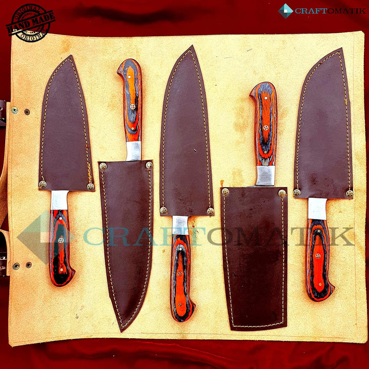 Damast Stahl Chef Set| Küchenmesser Set Camping Grill Besteck Geschenkset mit Ledermesserrolle | Koc