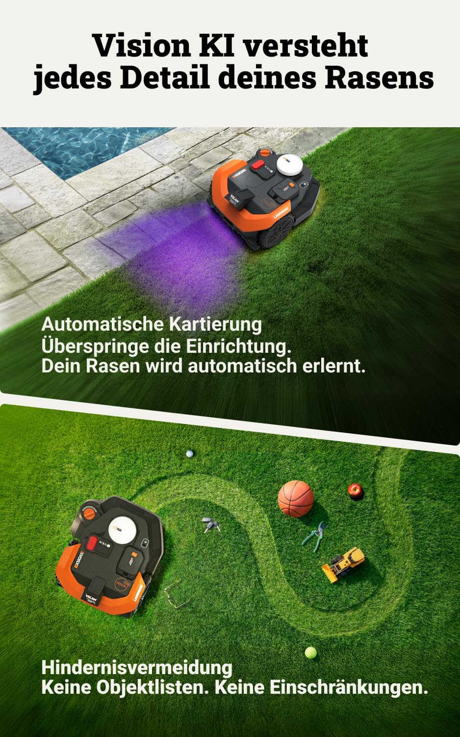 WORX Landroid Vision Cloud WR330E 2WD Mähroboter ohne Begrenzungskabel für 3000 m² (KI-Hinderniserke