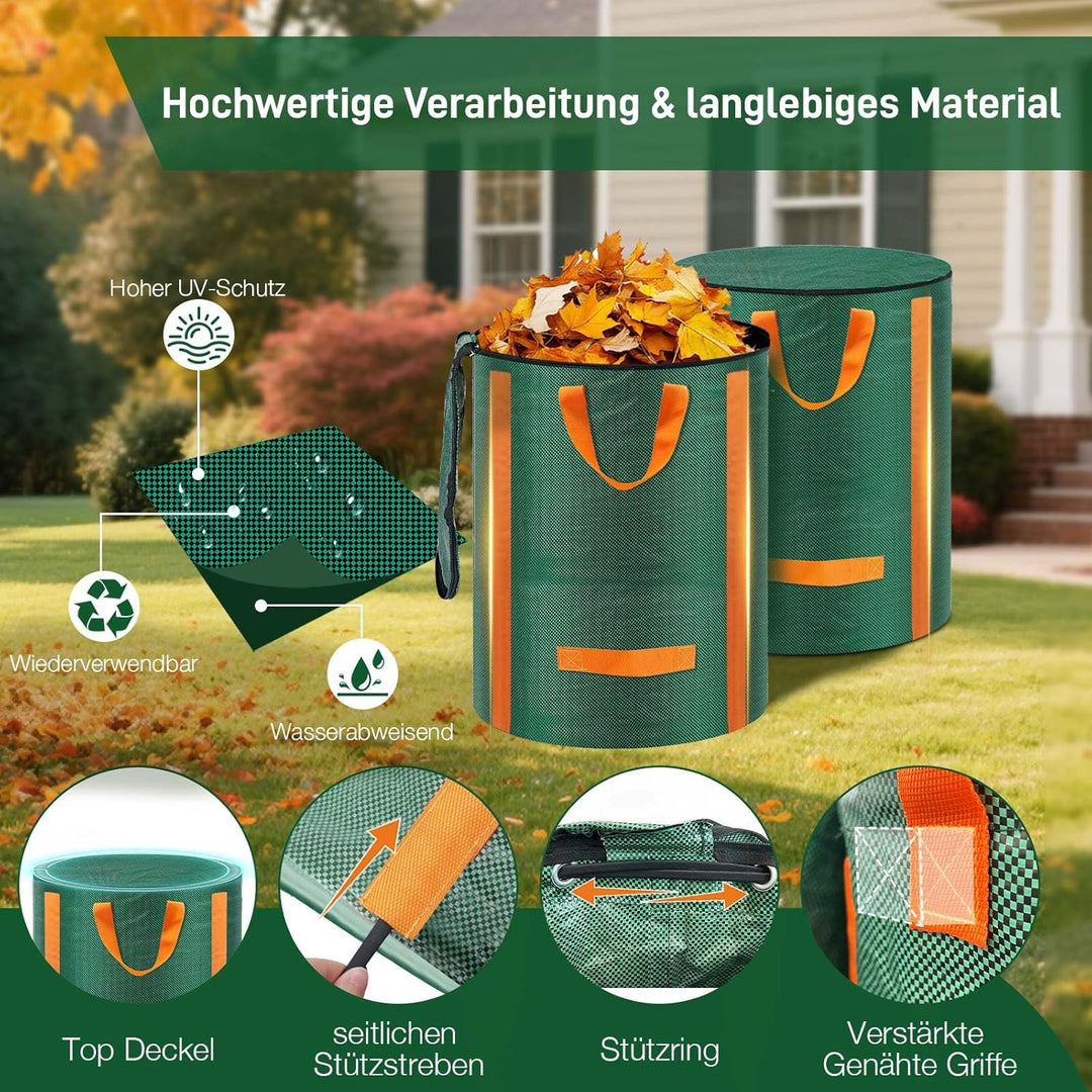 3x Gartenabfallsack stabil 272L - Gross Gartensack Laubsack mit Deckel, Selbststehend Grünschnittsac