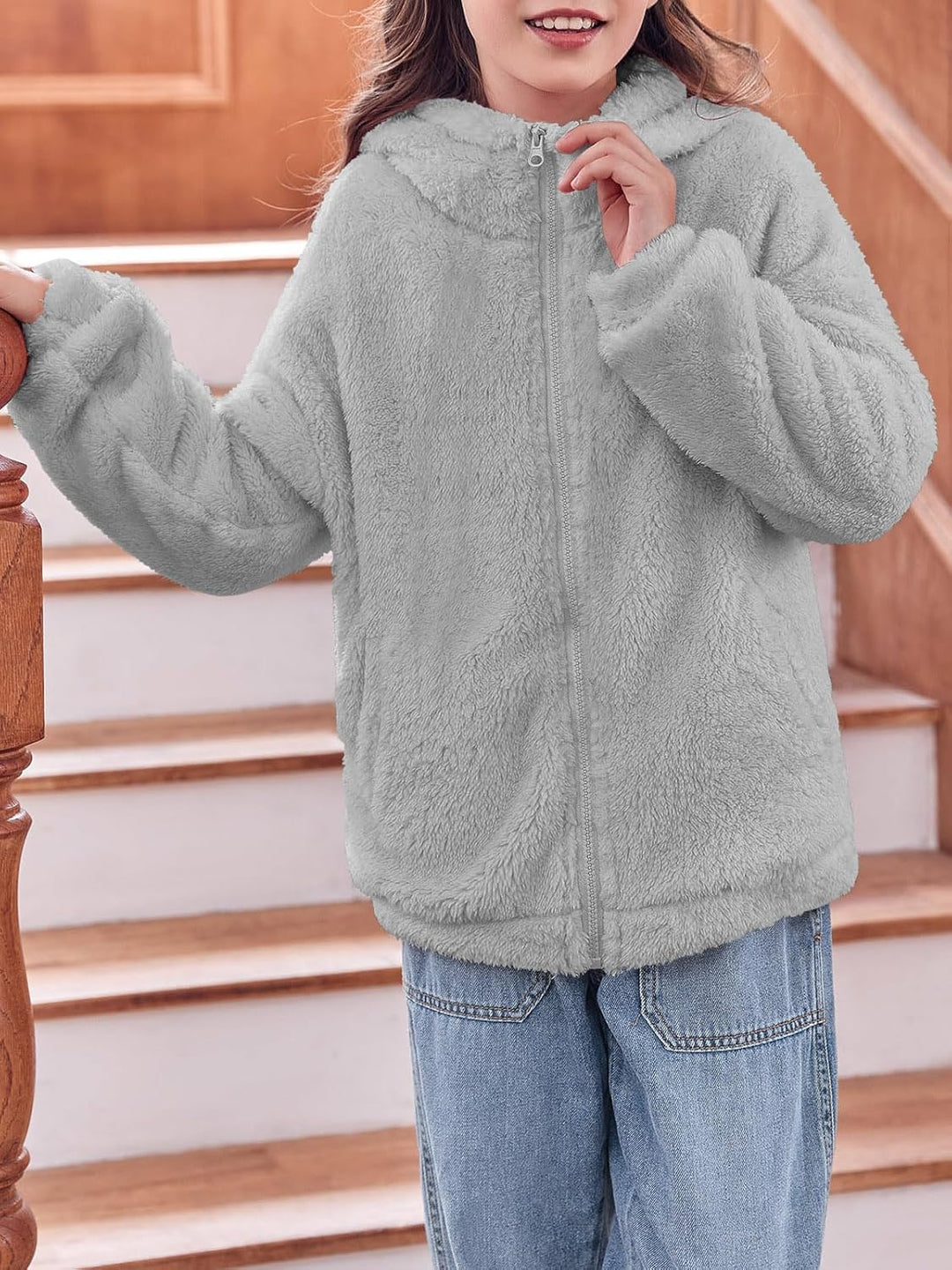 Haloumoning Mädchen Fleece Jacken Kinder Weich Fuzzy Kapuzenpullover Winter Coat Jacke 7-8 Jahre Gra