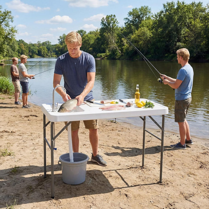 COSTWAY Fischreinigungstisch klappbar, Filetiertisch mit Spüle, Wasserhahn & Messskala, Campingtisch