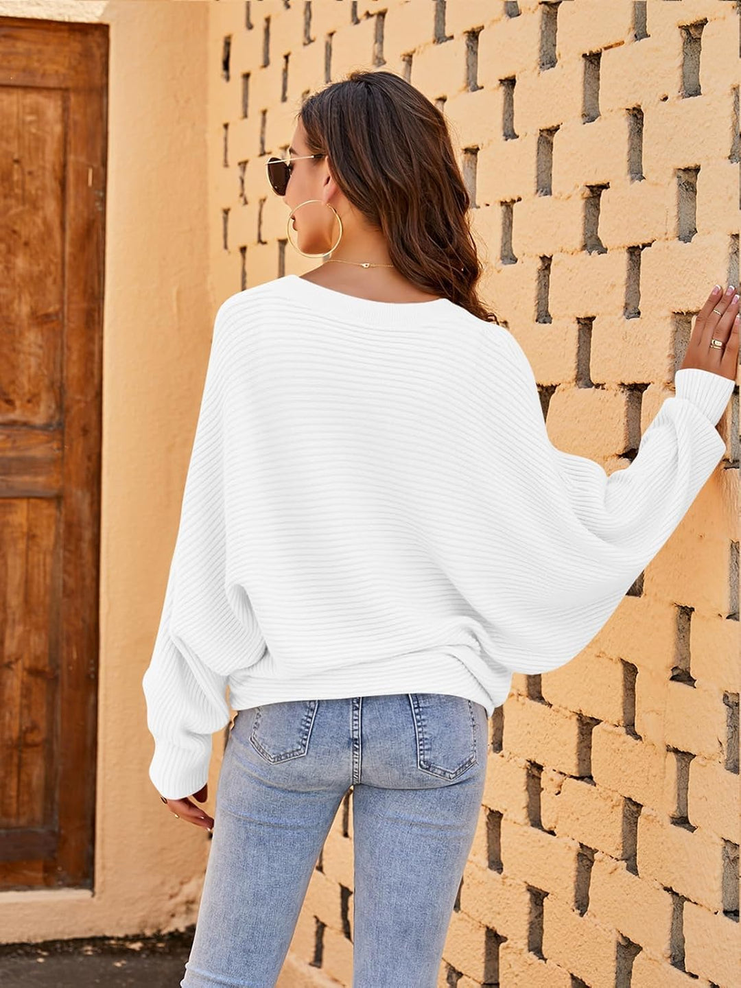 Fessceruna Damen Strickpullover Fledermausärmel Oversized Pullover Rundhalsausschnitt Winter Gerippt