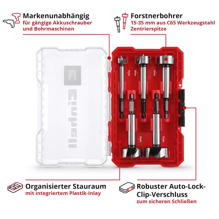 Original Einhell M-CASE 5-tlg. Forstnerbohrer-Set (aus C65 Stahl, E 6.3 Schaft, Querschneide, Zentri