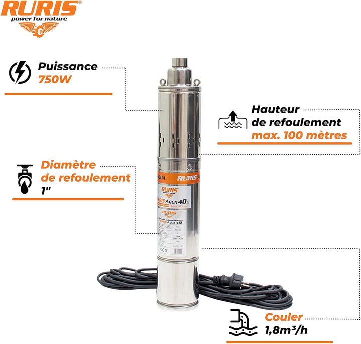 RURIS POWER FOR NATURE Tauchpumpe Aqua 40, 750 W, Durchflussmenge 1880 l/h, Höhe max. 100 m, Kabel 1