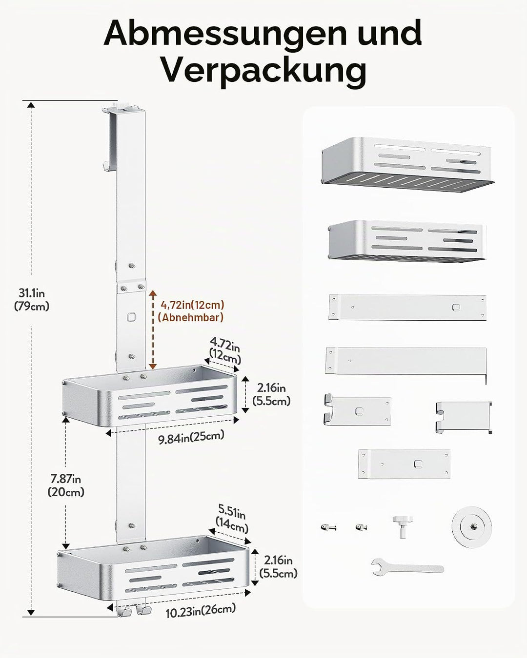 Orimade Duschablage zum Hänge Aluminium-Duschregal zum Hängen, Verstellbare Duschkorb ohne Bohren,2