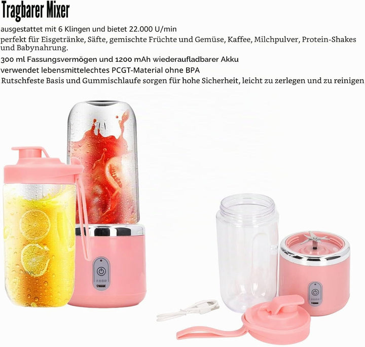 Mini Elektrischer Mixer, tragbarer Mixer, 300 ml, Obstmixer, 1200 MAh, Mini-USB-Ladeabzieher mit Dec
