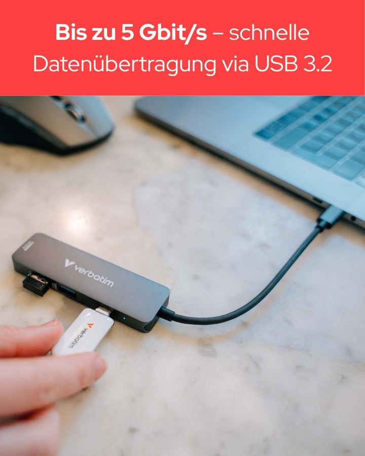 Verbatim USB-C Essentials Multiport Hub - 4 Ports: (1) USB-A 2.0, (1) USB-A 3.0/3.2 Gen 1, (1) USB-C