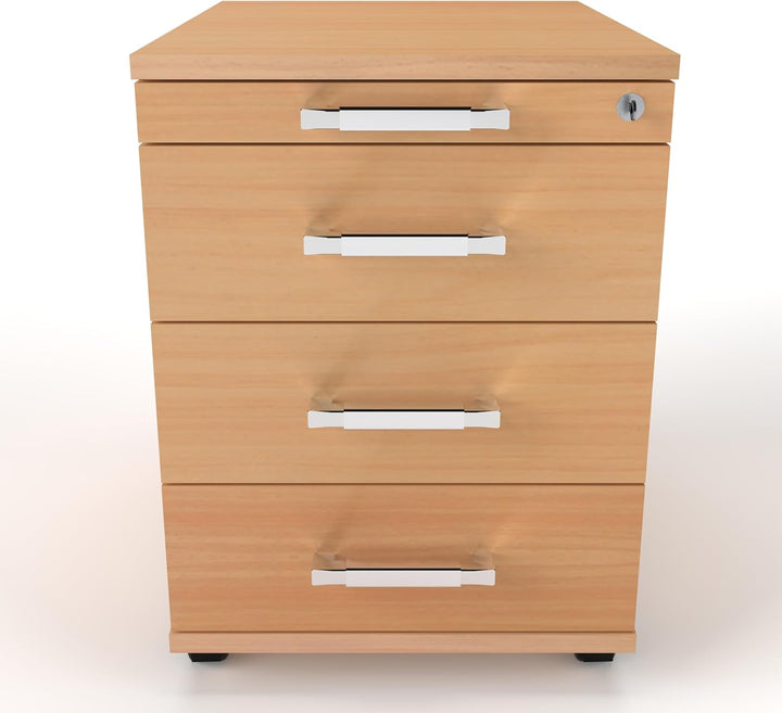 Rollcontainer CADI 43×58×59 cm – abschliessbarer Bürocontainer in Buche mit Orga- &amp; 3 Universal-Schu