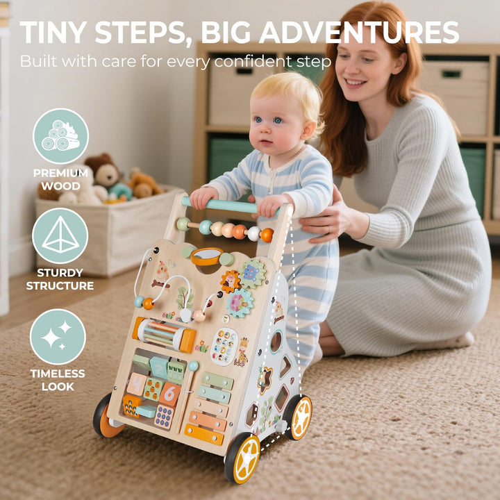 Lauflernwagen aus Holz für Mädchen und Jungen, Montessori-Aktivitätszentrum für Babys, einstellbare