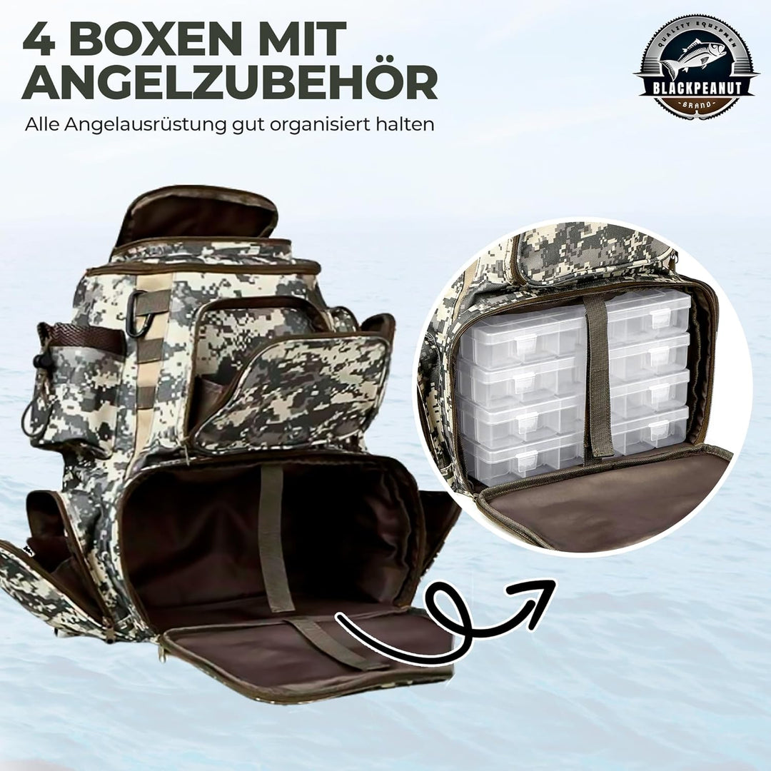 Angelrucksack mit Boxen - AngelnTasche, Angelrucksack, Inklusive 4 Tackleboxen, Zum Organisieren Auf