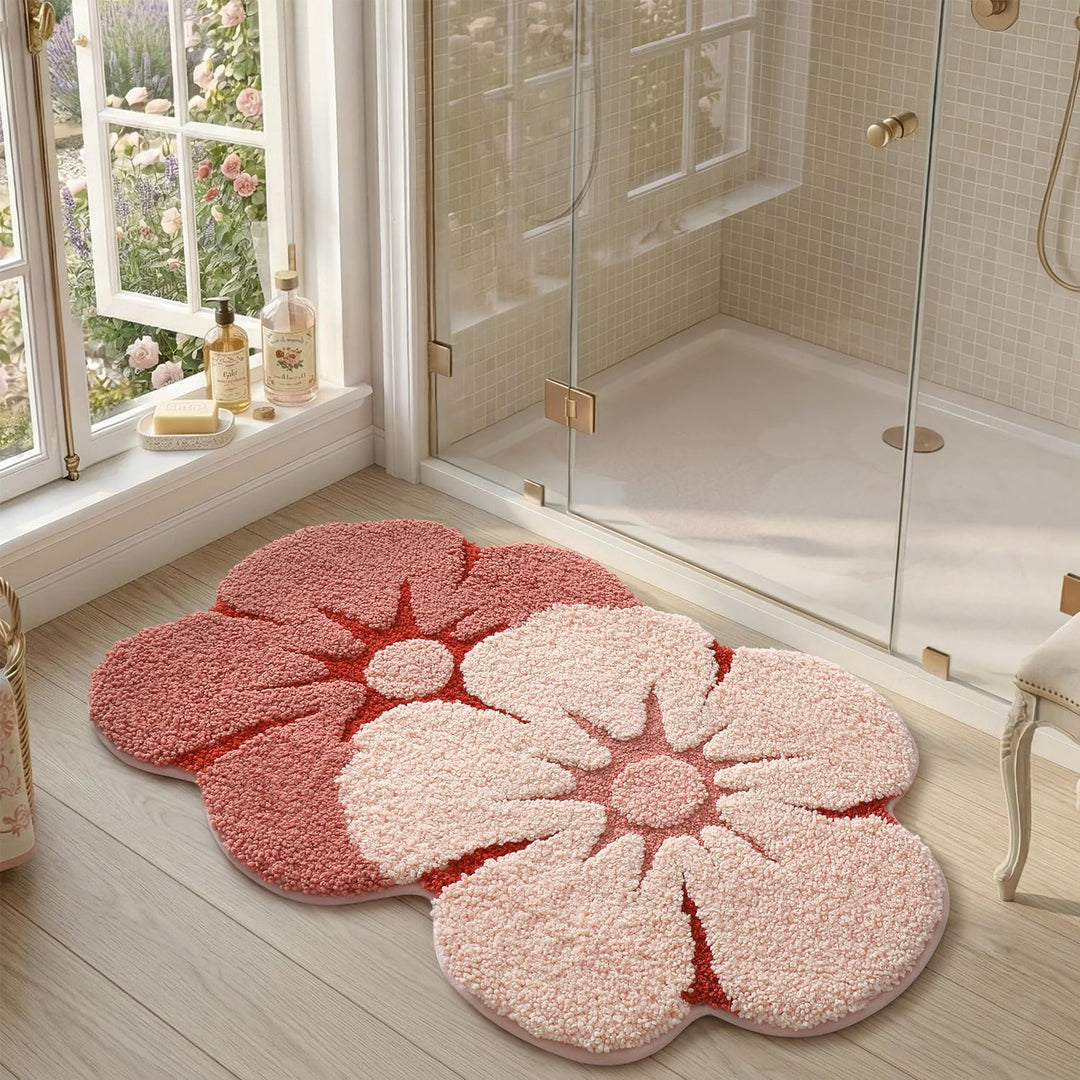 DEXI Badezimmerteppich 60 x 90 cm, Badematte rutschfest Absorbierende mit Blumenmuster, Blumenförmig