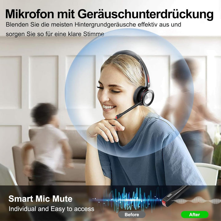 Bluetooth Headset mit Mikrofon für PC, Wireless Headset mit USB Adapter & Ladestation, 40 Stunden Sp