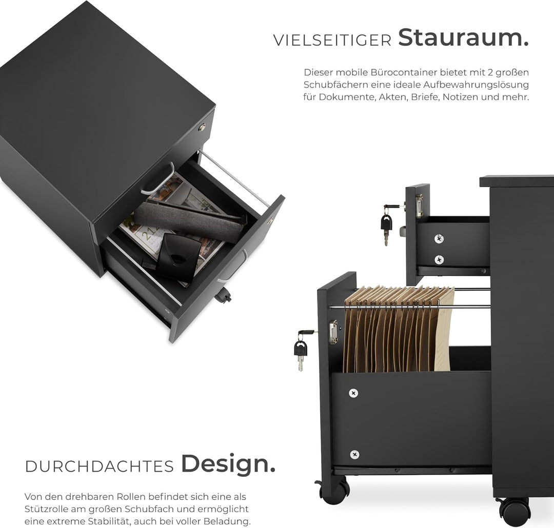 tectake® Rollcontainer mit Schubladen, Aktenschrank abschliessbar, Kommode mit Schubladen, Rollwagen