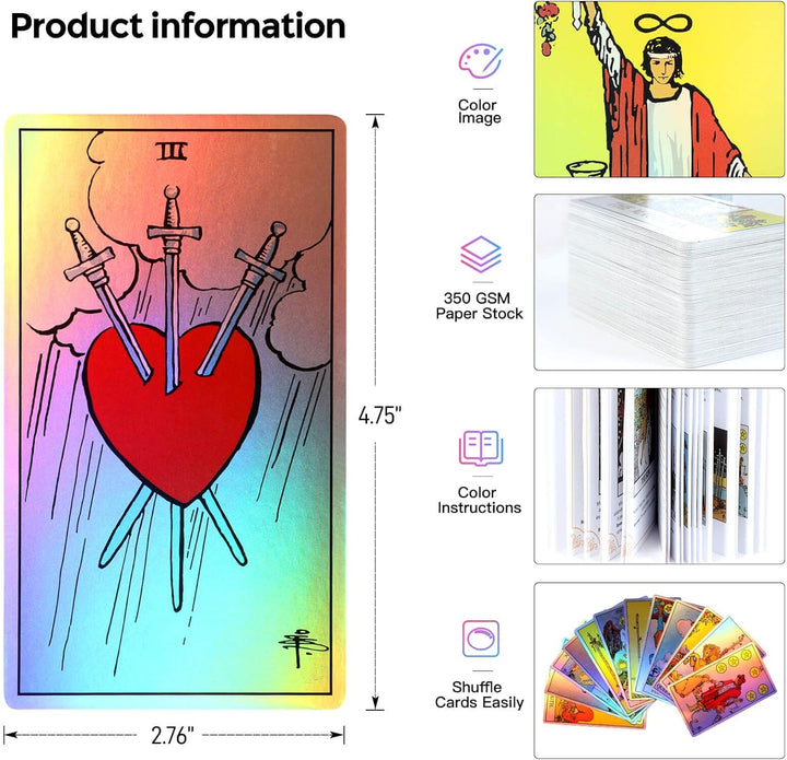 MagicSeer Rainbow Tarotkarten Decks, Tarotkarte und Buchsets für Anfänger, holografisches Tarot-Deck