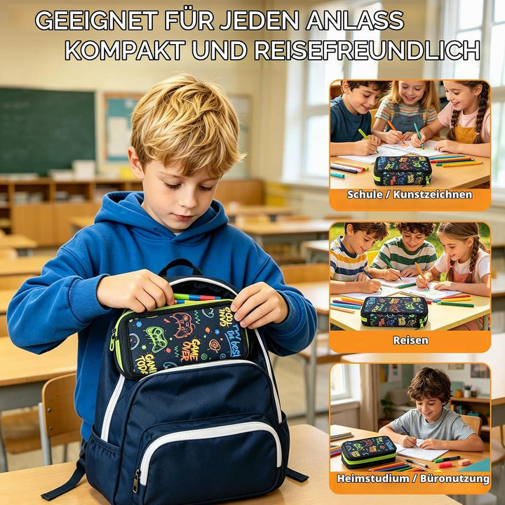 Federmäppchen Jungen 41 Teilig, 3 Fach Gaming Federtasche | Stiften, Textmarker, Radierer, Lineal Se