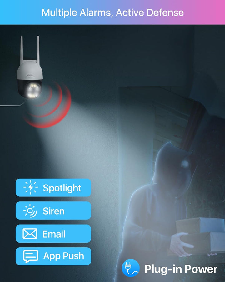 ZOSI 2K Pan/Tilt Überwachungskamera Aussen WLAN, 355°/140° Schwenkbar 3MP IP Kamera mit Plug-in Stro