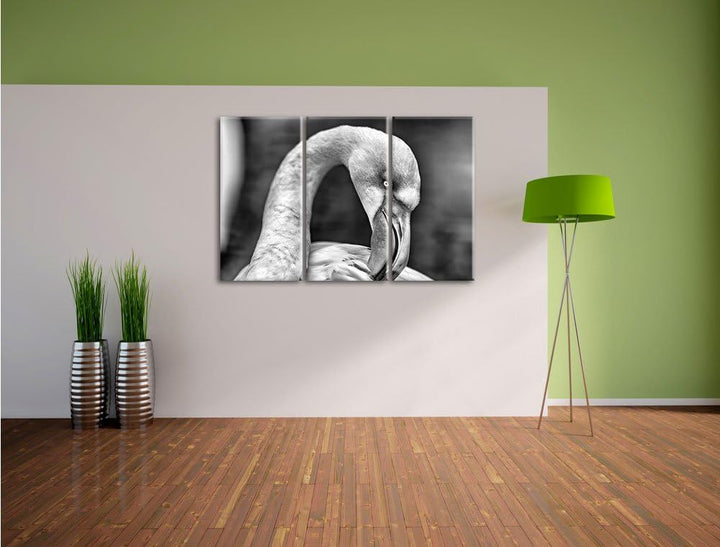 Pixxprint Flamingo beim Putzen als Leinwandbild/Grösse: 3 Teilig (120x80) cm/Wandbild/Kunstdruck/fer