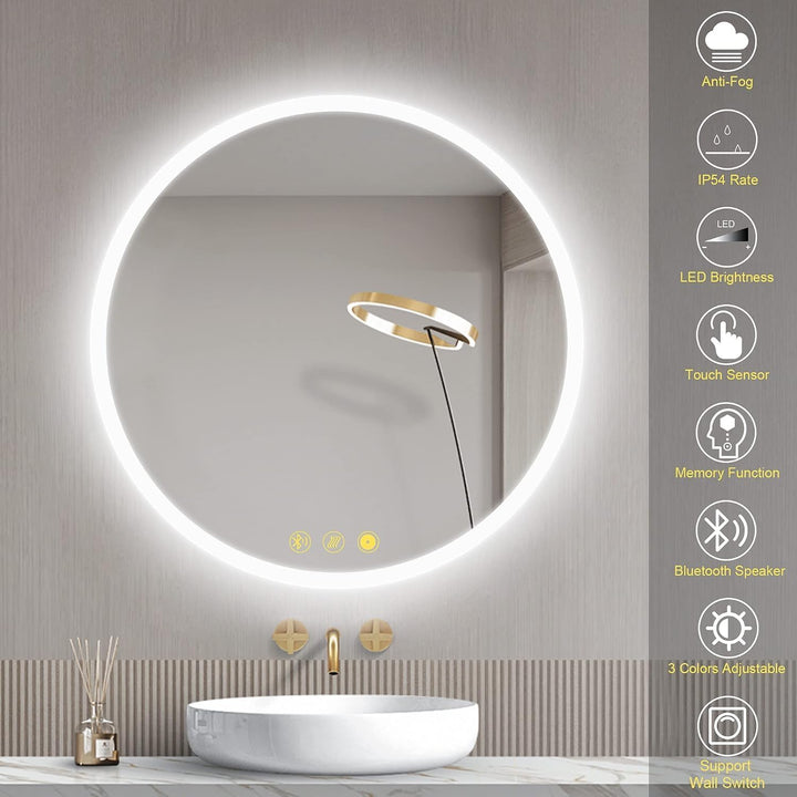 AI-LIGHTING Badspiegel mit Beleuchtung Bluetooth Rund 60 cm Badezimmer Spiegel mit Led Licht, 3 Lich