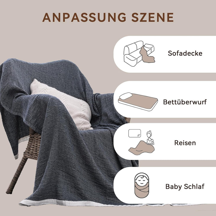 SE SOFTEXLY Musselin Decke aus 100% Baumwolle, 4-Lagige Atmungsaktive Weiche Kuscheldecke, Sofadecke