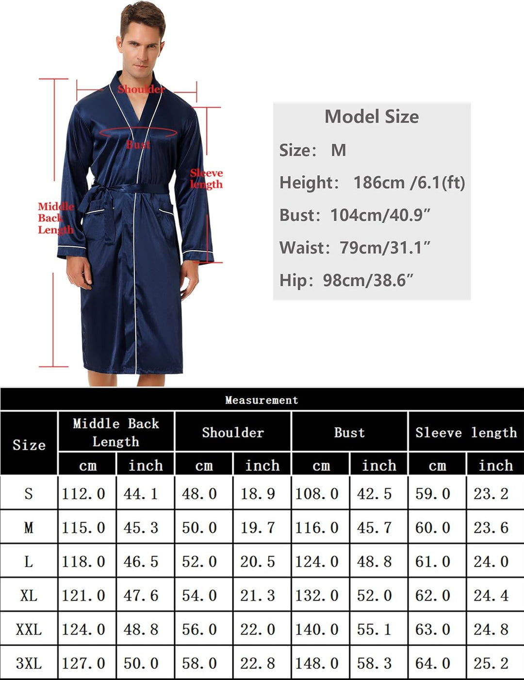 Bresdk Morgenmantel Herren Satin Kimono Robe Lang Leichter Bademantel für Männer M Blau M885, M Blau