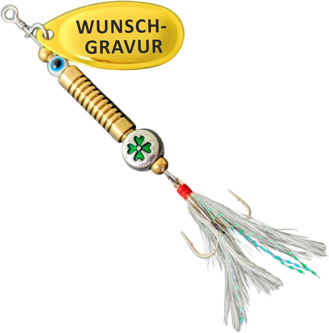 Anglergeschenk mit Gravur - Männer - Frauen - Angelköder - Angelhaken - Spinner - Glücksfisch (Wunsc