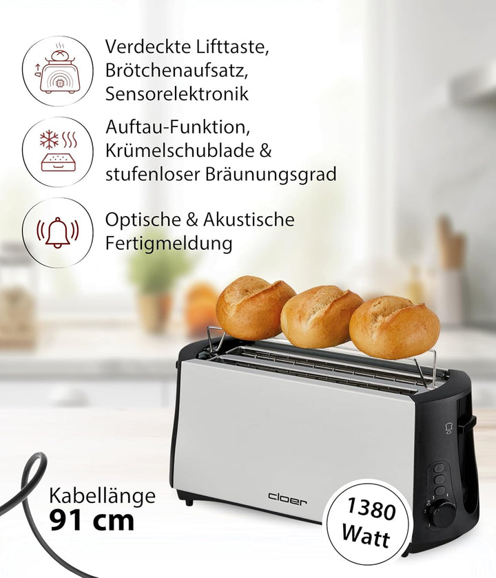 Cloer 3710 Langschlitztoaster für 4 Toastscheiben / 1380 W / integrierter Brötchenaufsatz / Nachhebe
