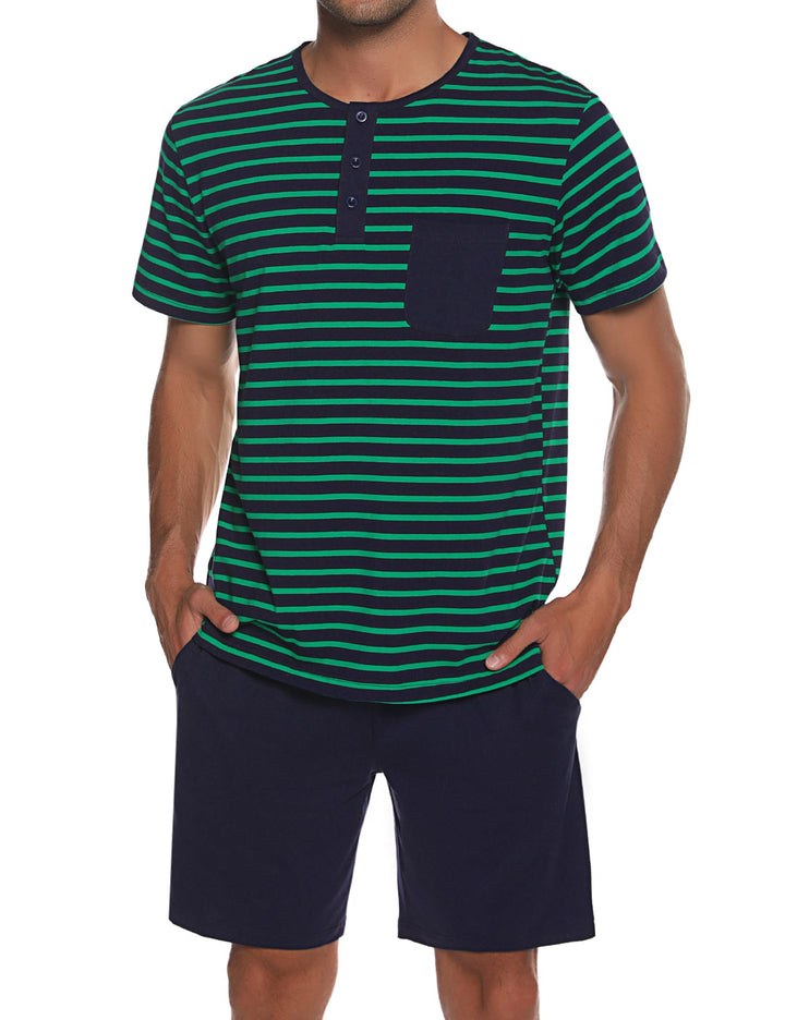 Leversic Schlafanzug Herren Kurz aus Baumwolle mit Kontraststreifen Design, Sommer Pyjama Set Oberte