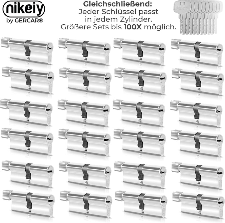 GERCAR 4x Knaufzylinder gleichschliessend 4 Schliesszylinder 30/30 inkl. 20 Schlüssel - 60 mm - Türs