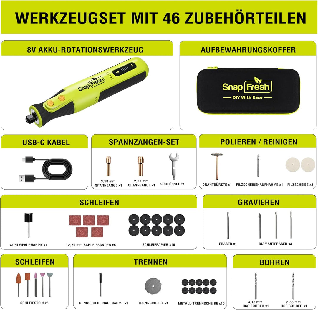 SnapFresh Rotationswerkzeug Akku 8V Set mit 46 Zubehörteilen, 0,26 kg leicht, bis zu 40Min Laufzeit,