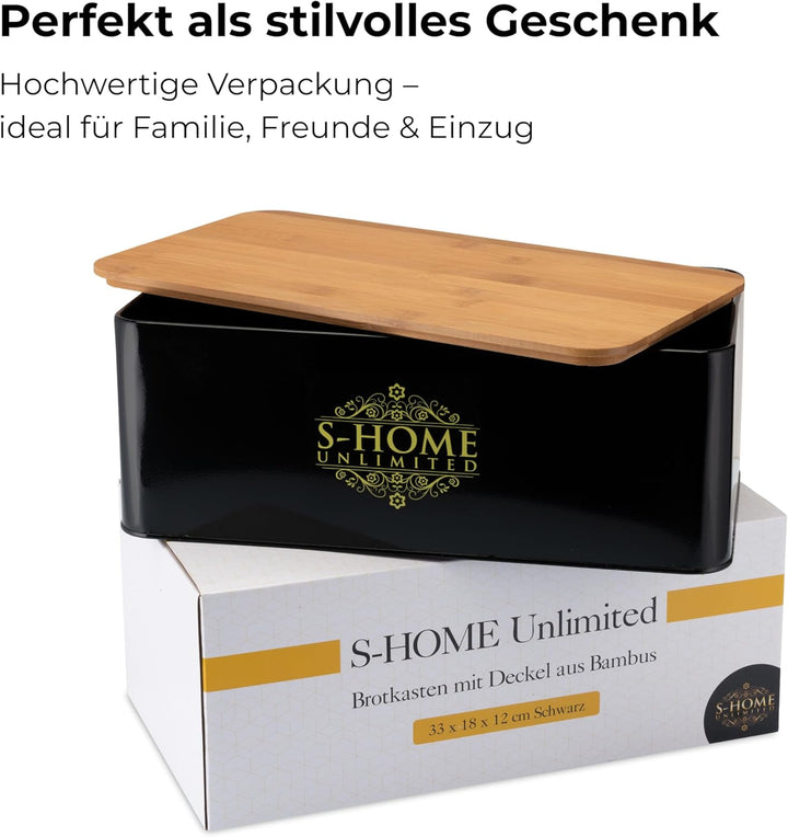 Brotkasten Metall Schwarz mit Bambusdeckel | 2-in-1 Brotbox &amp; Schneidebrett | Belüftete Brotaufbewah