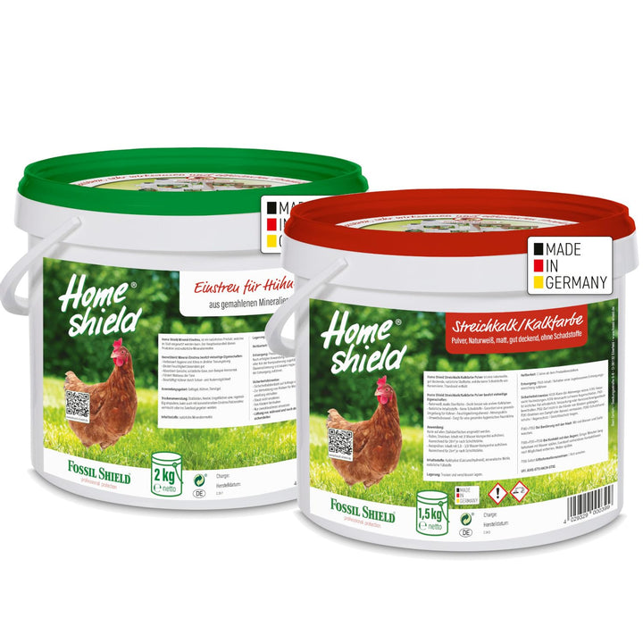 Bundle - 2 kg Eimer Einstreu für Hühner & 1,5 kg Eimer Kalkfarbe weiss - Gemahlene Mineralien zur Ve