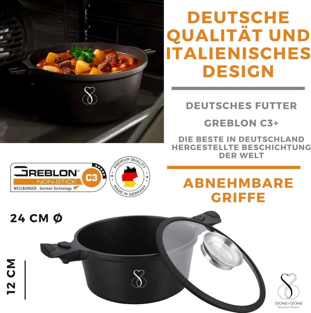 Stone&Stone Professioneller Kochtopf 24 cm, extrem antihaftbeschichtet mit deutscher Technologie, Bo