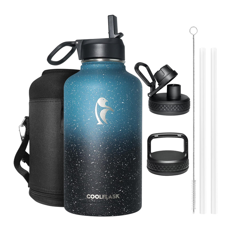 Coolflask Isolierte Wasserflasche 2L, Halbe Gallone Wasserkrug mit Strohhalm &amp; 3 Deckel, Grosse Isol