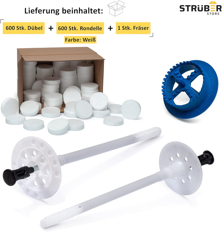 STRÜBER WDVS SET (Ø10x120mm Dämmstoffdübel mit Metalldorn 600St + Grau Styropor Rondelle 600St + Sty