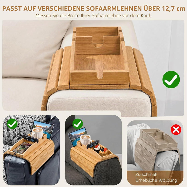 Sofatablett 2-in-1, Bambus Sofa Armlehnen Tablett mit Getränkehalter und Tablet Ständer, Faltbarer C