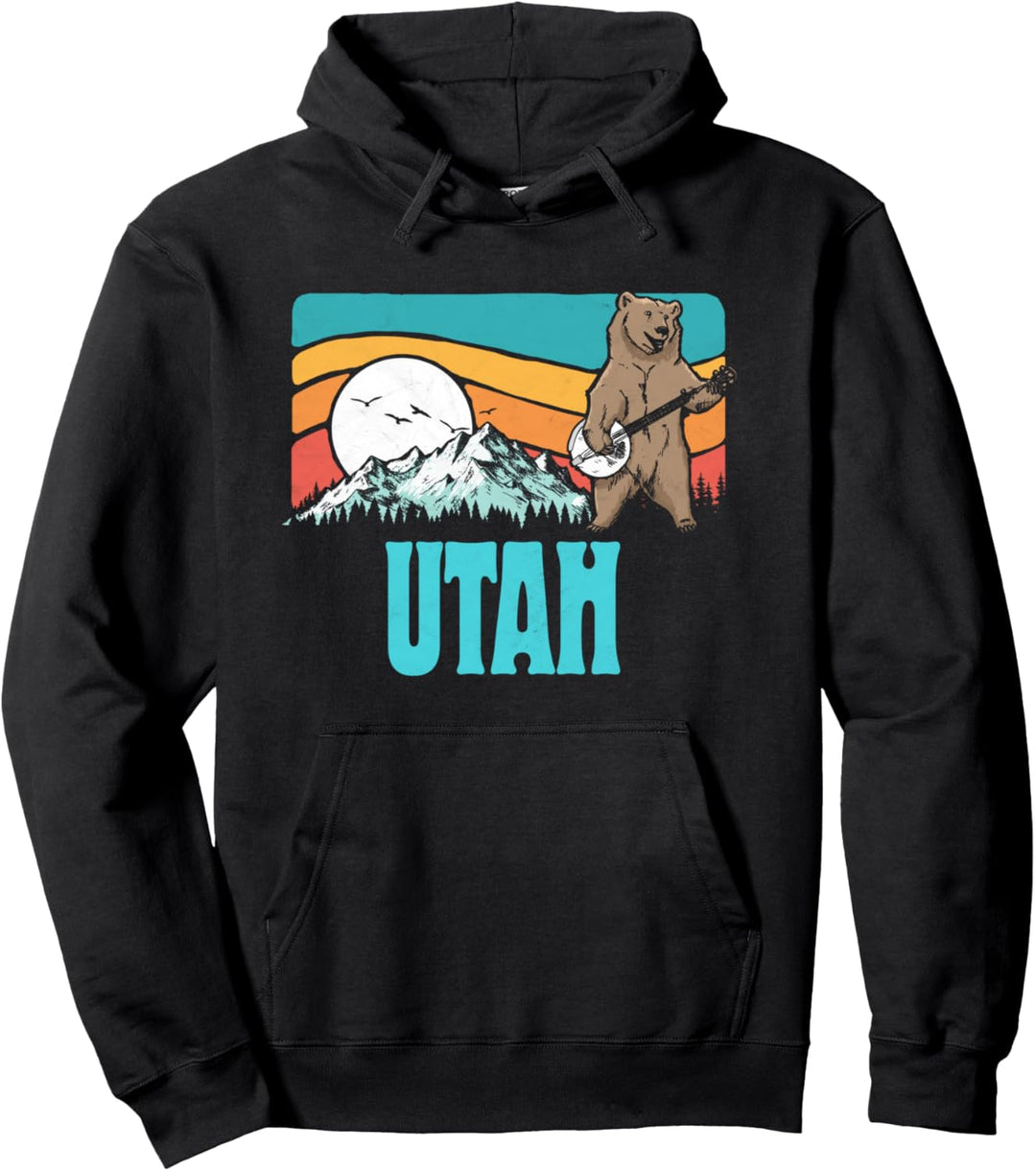Utah Rocky Mountains Bluegrass Banjo Bear Funny Graphic Pullover Hoodie
