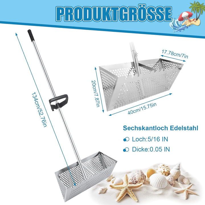Sandflohharke Gross Edelstahl Strandsand Sieb Mit 138 cm Langem Stiel und 40 X 18 cm GrossEm Korb, A