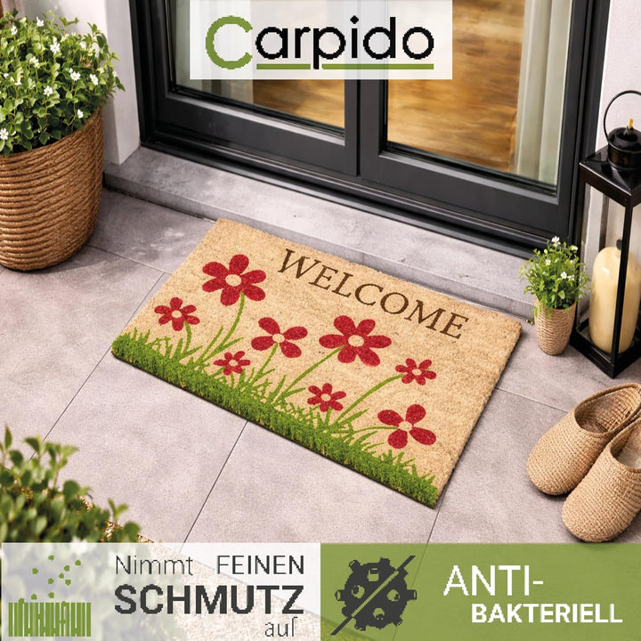 Fussmatte Kokos Blumenwiese Natur – Türmatte 40x60 cm – antibakterielle Eingangsmatte – Kokosmatte m