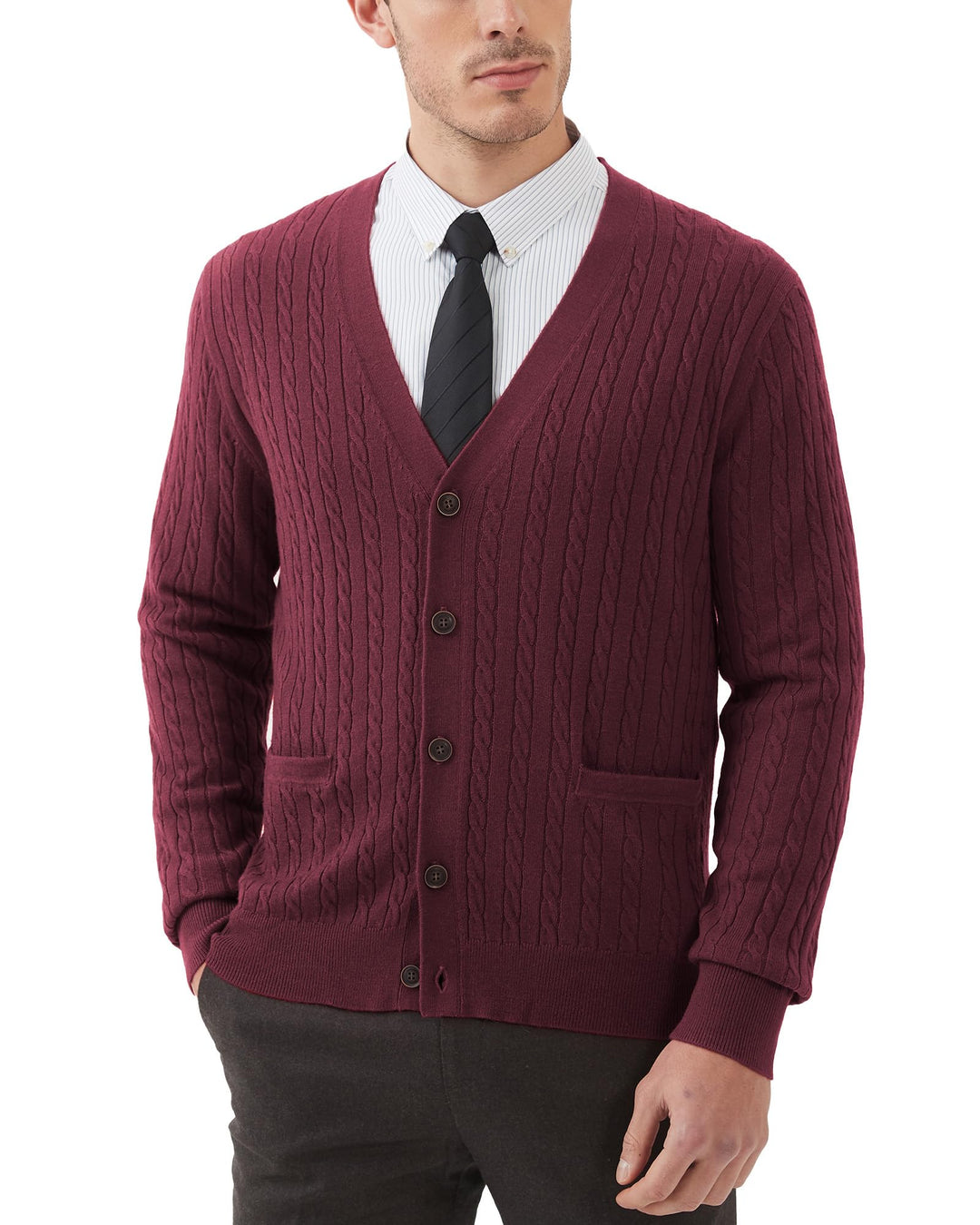 Kallspin Herren Strickjacke aus Wollmischung Zopfstrick Cardigan mit Knopfverschluss und Taschen L T