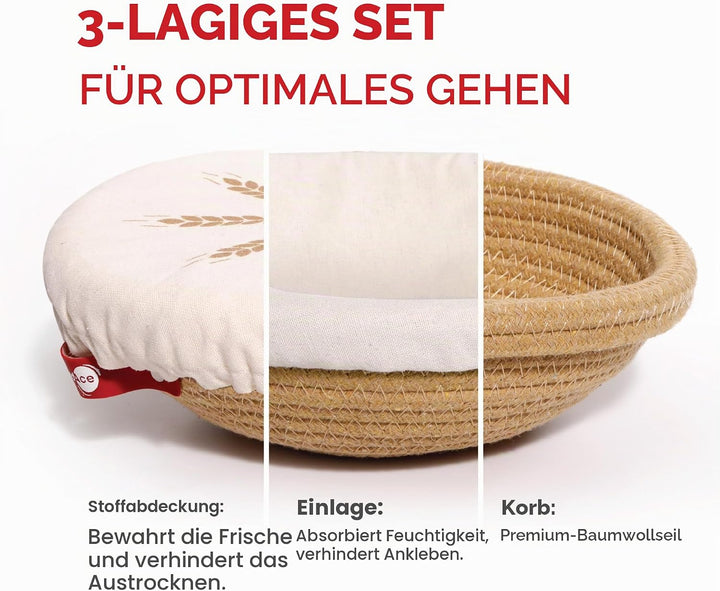 KneadAce Banneton Brotgärkorb-Set aus Baumwollseil, 2 x runder Brotkorb mit Einlagen und Abdeckungen