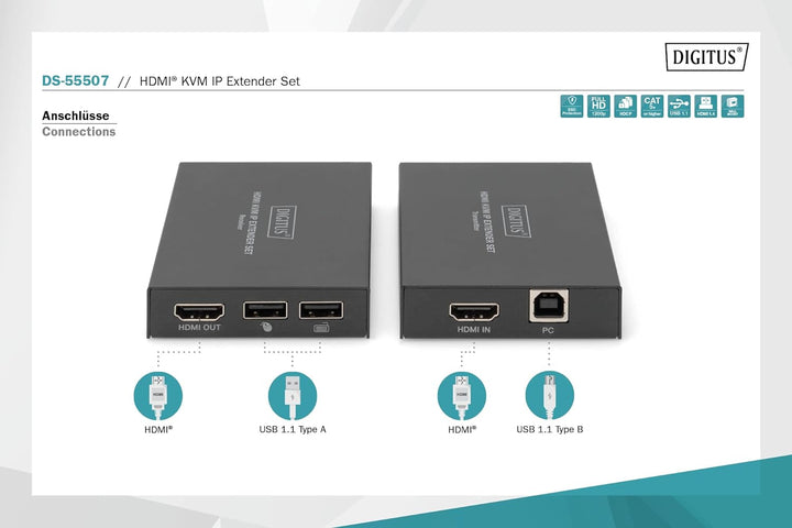DIGITUS HDMI KVM Extender Set über IP 150 m, Full HD 1080p Full-HD / 2K@60Hz LAN IP-fähig - 1x Out -