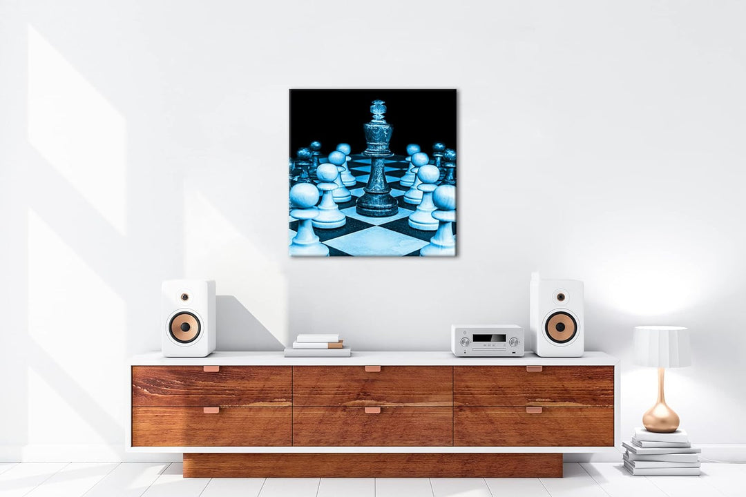 edle Holz Schachfiguren Format: 70x70 Effekt: Monocrome Blau als Leinwandbild, Motiv fertig gerahmt