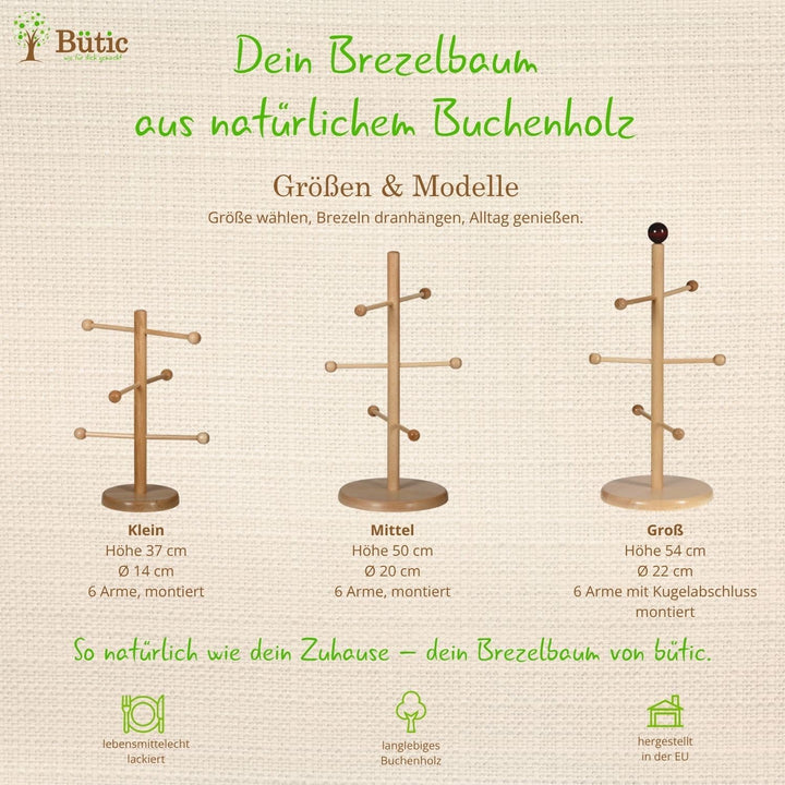 Bütic Holz Brezelbaum, Brezelständer, Gebäckständer aus Buche 6-armig, Artikel:Höhe 50cm, Höhe 50cm