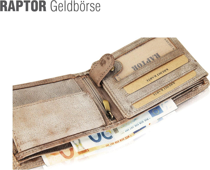 Raptor Herren-Geldbörse aus Leder im Used Look Querformat 12x9cm RA40005 Grau, Grau