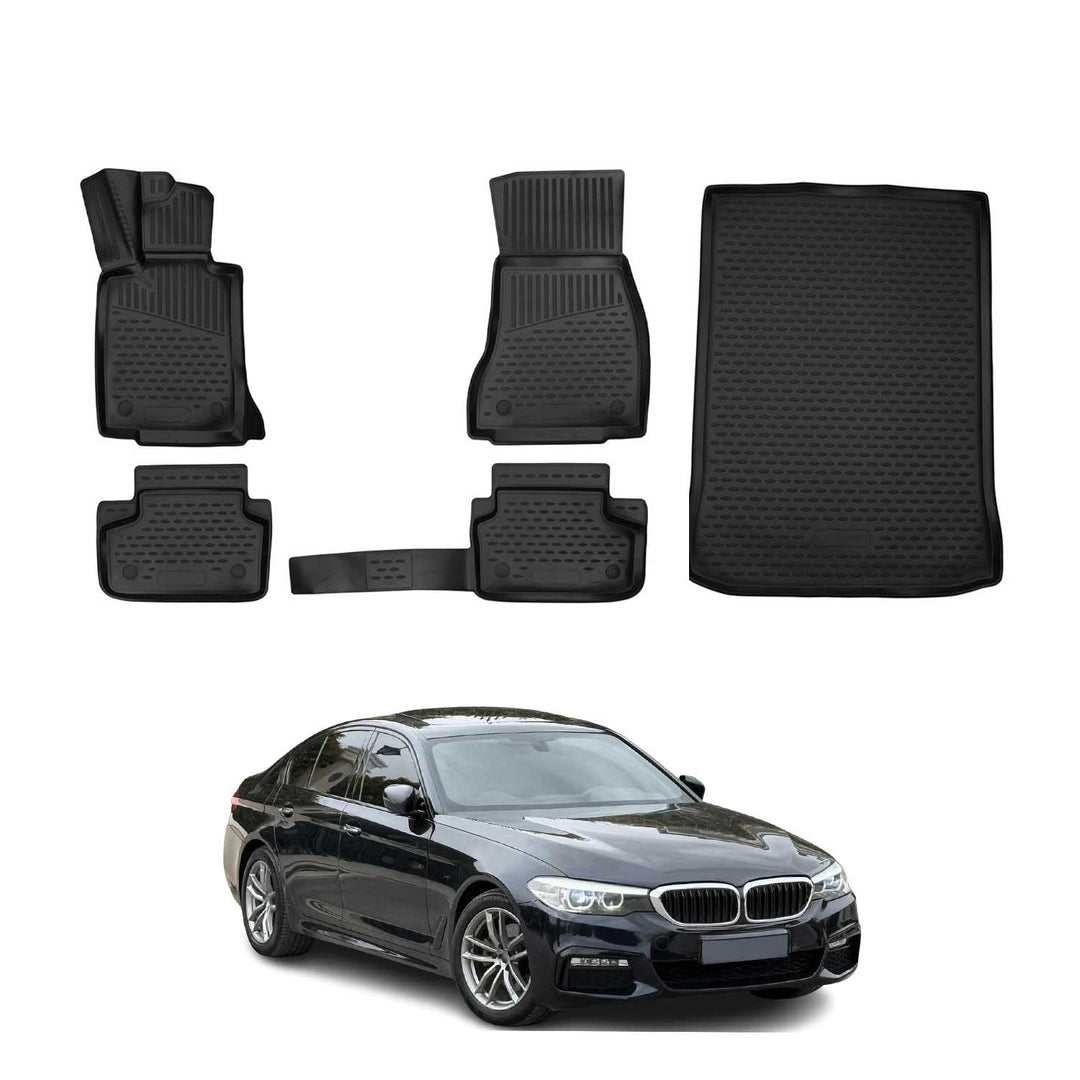 OMAC Fussmatten &amp; Kofferraumwanne Set kompatibel mit BMW 5er G30 2017-2024 Gummi TPE Schwarz 5X Set