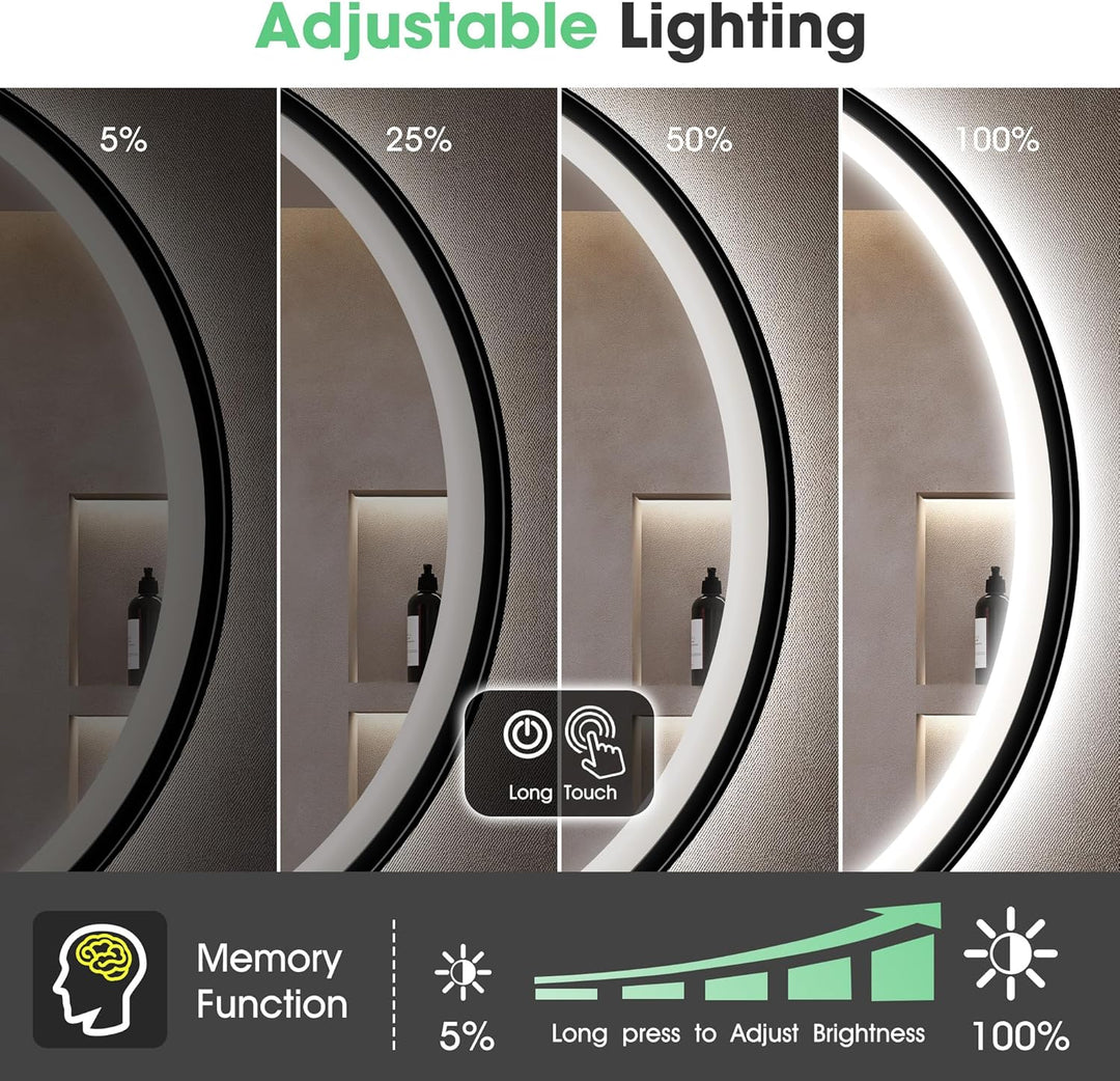 S'bagno Badspiegel-mit-Beleuchtung 80CM, LED-Badspiegel-Rund mit Bluetooth, Anti-Fog, 3 Lichtfarben,