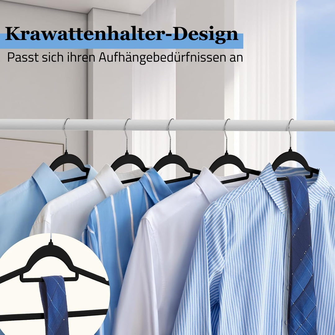Kleiderbügel Samt 50er Set – Samtbügel schwarz - rutschfest mit Kunststoffkern, Hosensteg, Kerben &