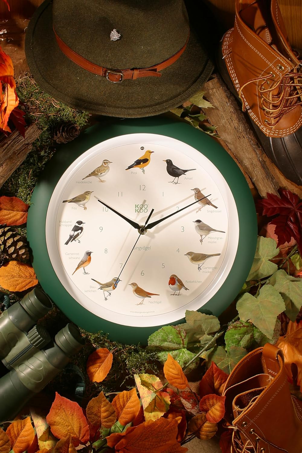 KOOKOO Singvögel Quarzwerk Grün, Die Singende Vogeluhr, runde Wanduhr mit natürlichen Vogelstimmen,